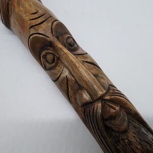 Hand-Carved Wooden Wizard Wall Hanging Stick Intricate Face Hat Rustic Decor